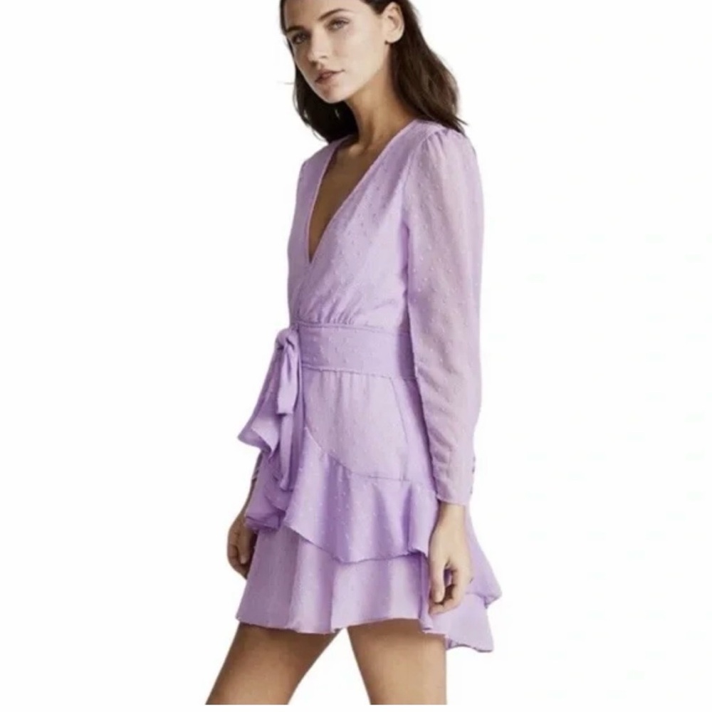 For Love & Lemons Swiss Dot Chiffon Mini Dress | Long Sleeve V-Neck | Mauve | XS